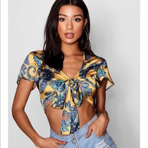 Western print tie shirt.